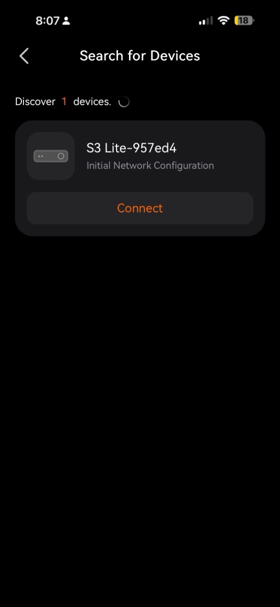 the app discovering one device named s3 lite with a connect button