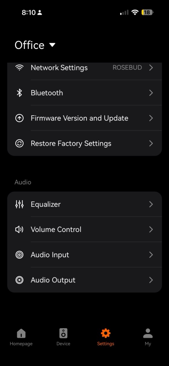 the audio settings section with equalizer, volume control, audio input and audio output