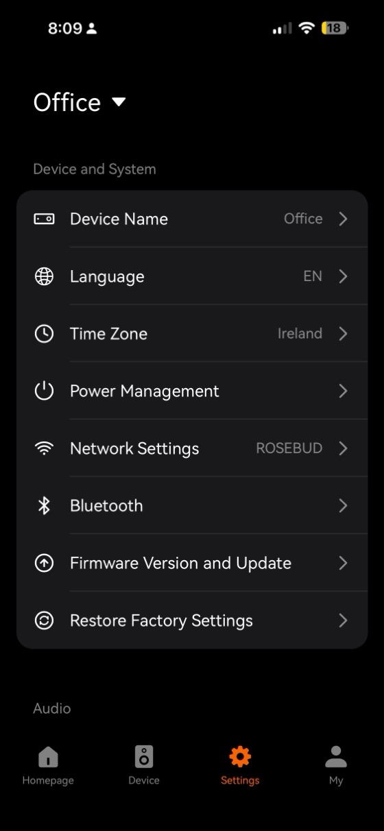 the device and system settings list
