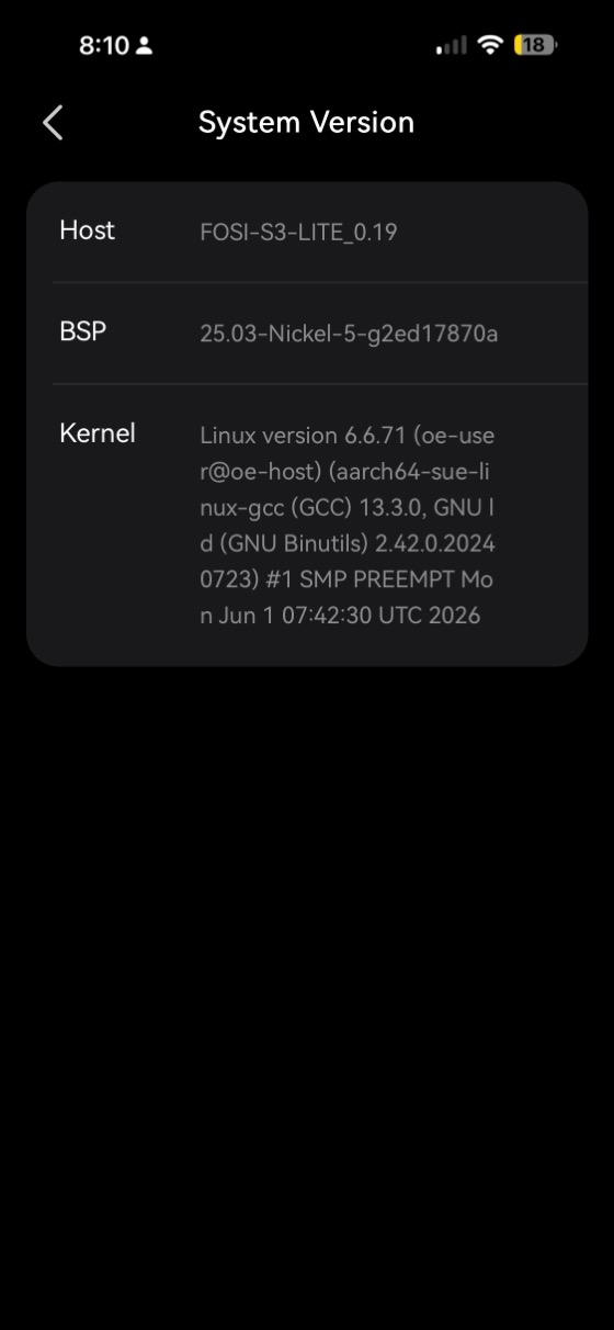 the system version page showing host, bsp and linux kernel version