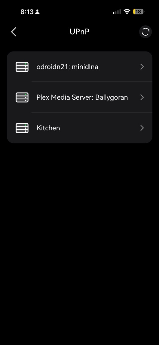 the upnp server list showing minidlna, plex media server and a kitchen endpoint