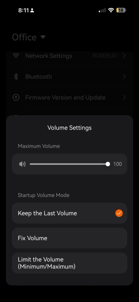 the volume settings page showing maximum volume and startup volume mode options