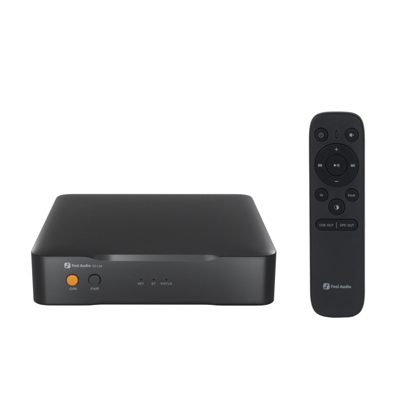 the fosi audio s3 lite with its bundled bluetooth remote