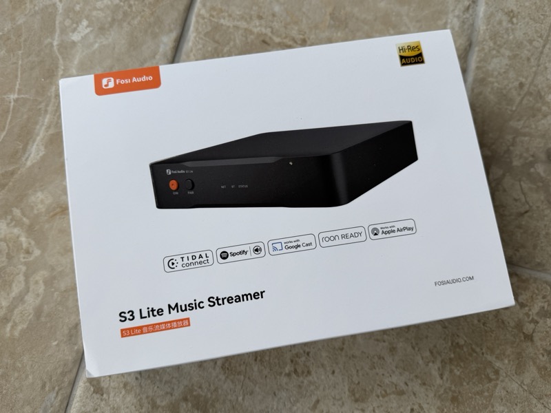 the s3 lite retail box front, showing the unit and its streaming protocol badges