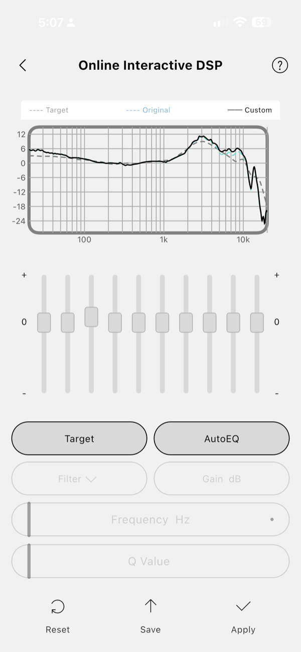 the advanced peq editor with ten bands, all flat, showing the target and original response overlay