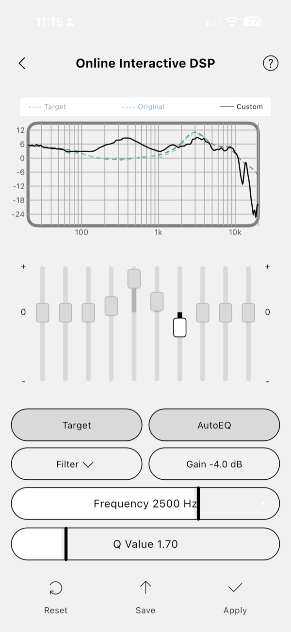 the moondrop app peq editor with the custom earpad correction applied, showing the 2500 hz band at minus 4 db and q 1.70
