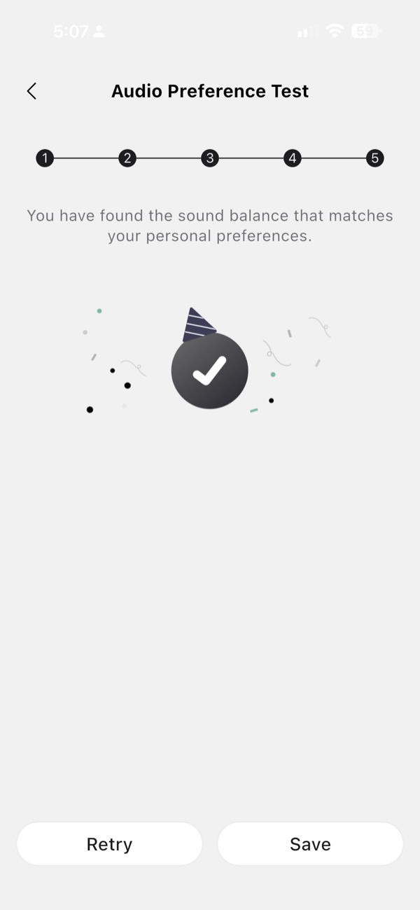 the audio preference test completion screen offering retry or save