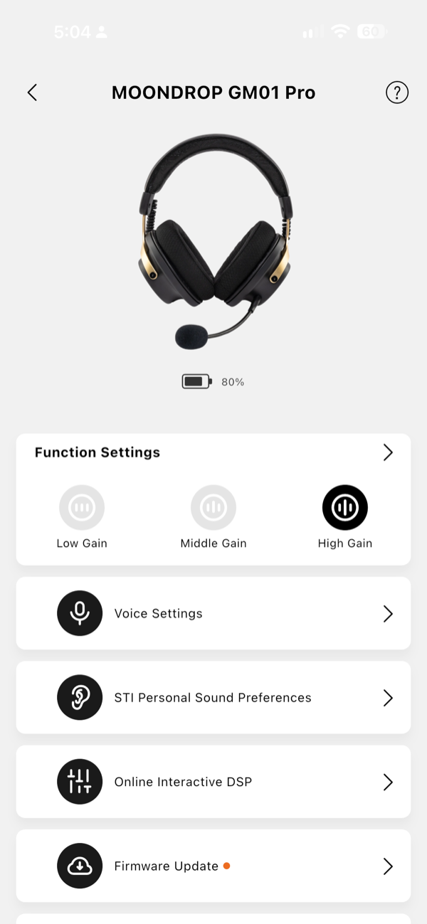 the gm01 pro device page showing battery level and the low, middle and high gain selector