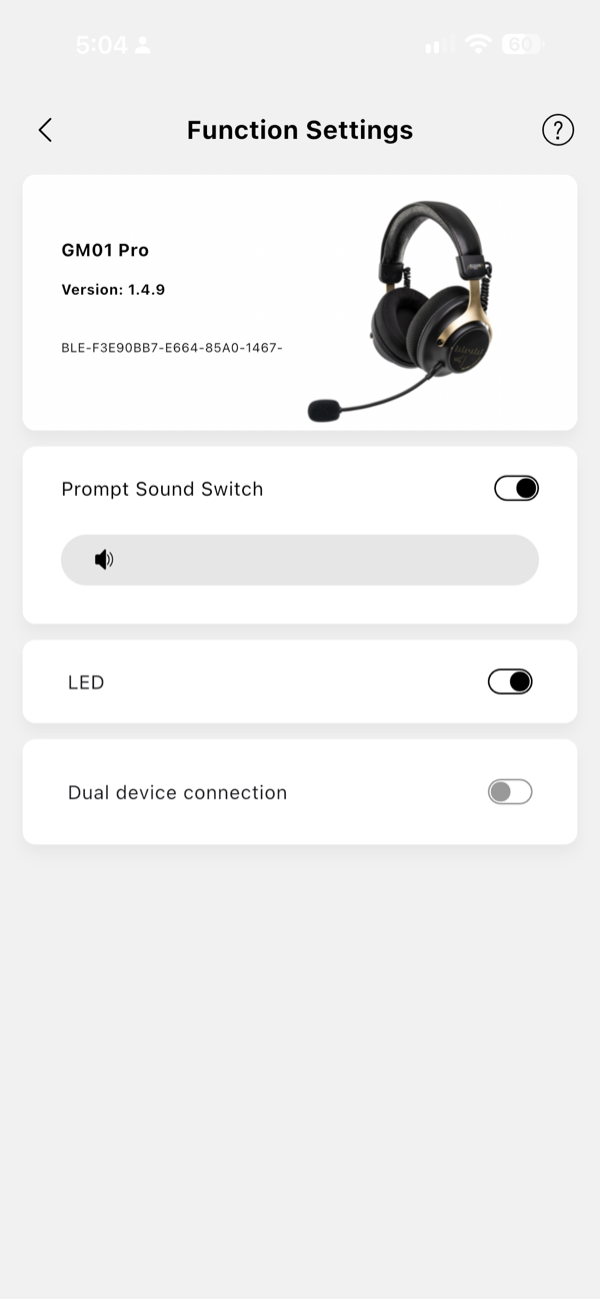 the function settings page showing prompt sound, led and dual device connection toggles