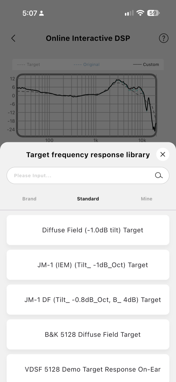 the standard target library listing diffuse field, jm-1, jm-1 df and b&k 5128 targets