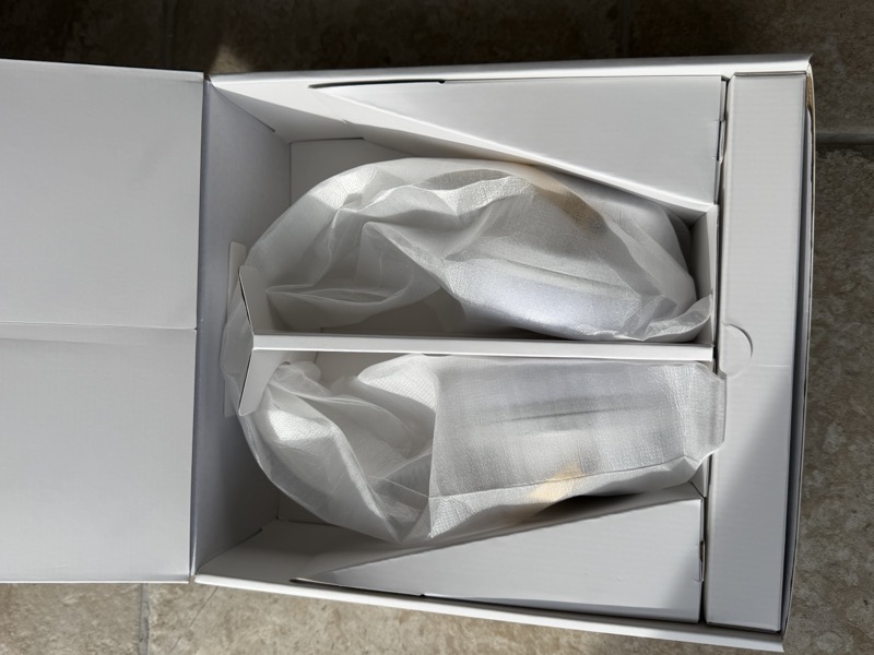 the opened box with both earcups sealed in bags in their cardboard cradle