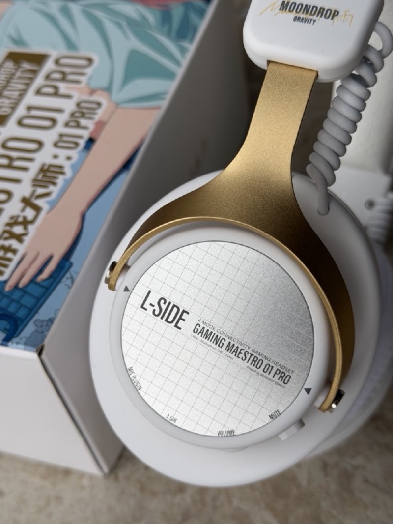 the left earcup plate marked l-side, with the control labels printed around its edge