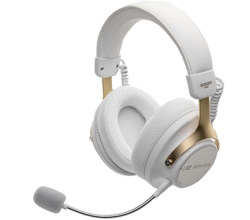 the moondrop gm01 pro in white with gold yokes, boom microphone attached